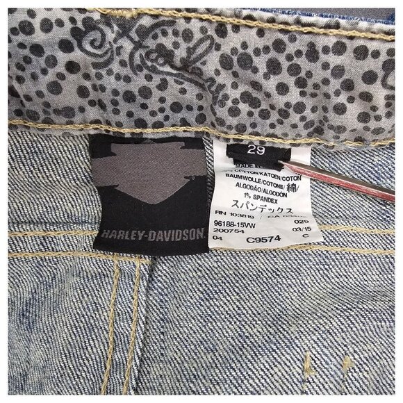 Vtg Harley Davidson Denim Blue Jeans Sz 29 Relaxed Distressed Light Wash Cuffed - Picture 5 of 13